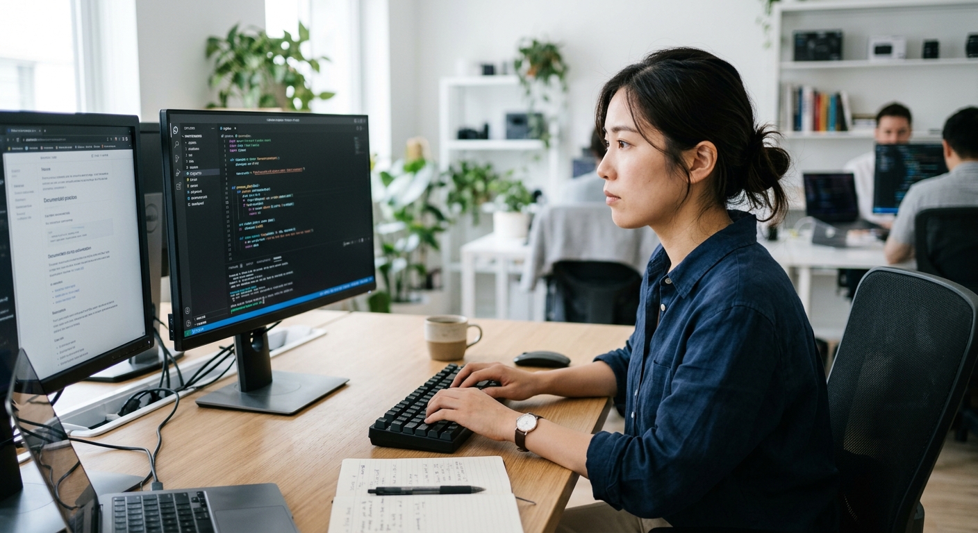 AIが生成したコードを開発者が真剣な表情でレビューし、修正している様子を写実的に写した写真