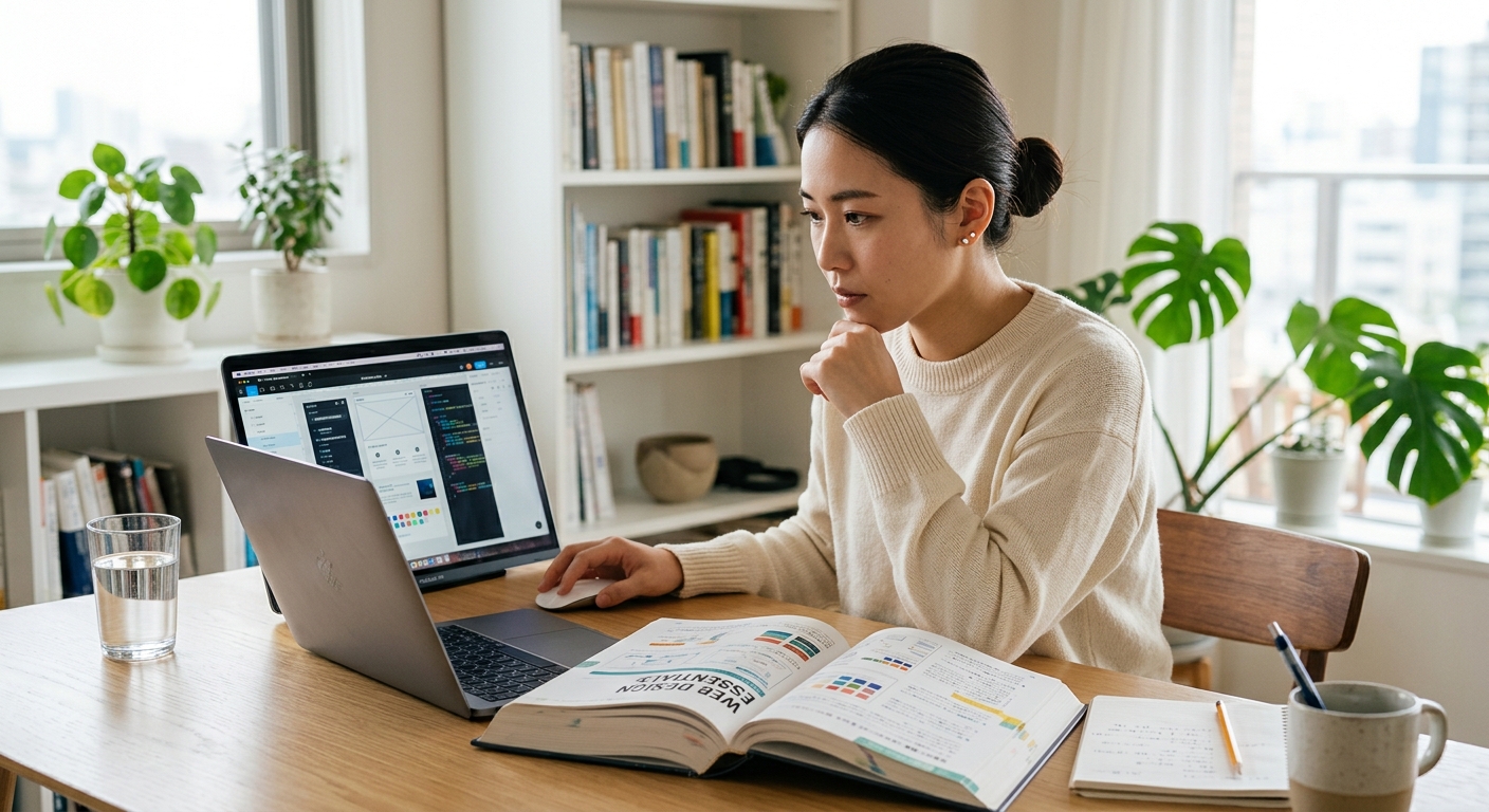 パソコンでWebデザインの学習をする女性が、本を広げて真剣な表情で画面を見つめている様子を写実的に写した写真