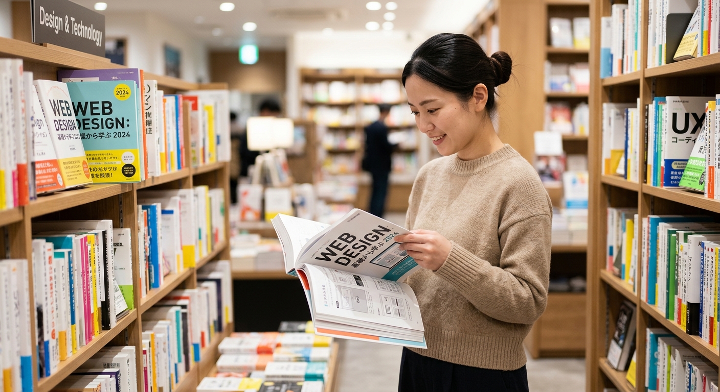 書店でWebデザインの書籍を手に取り、内容を吟味している女性の様子を写実的に写した写真