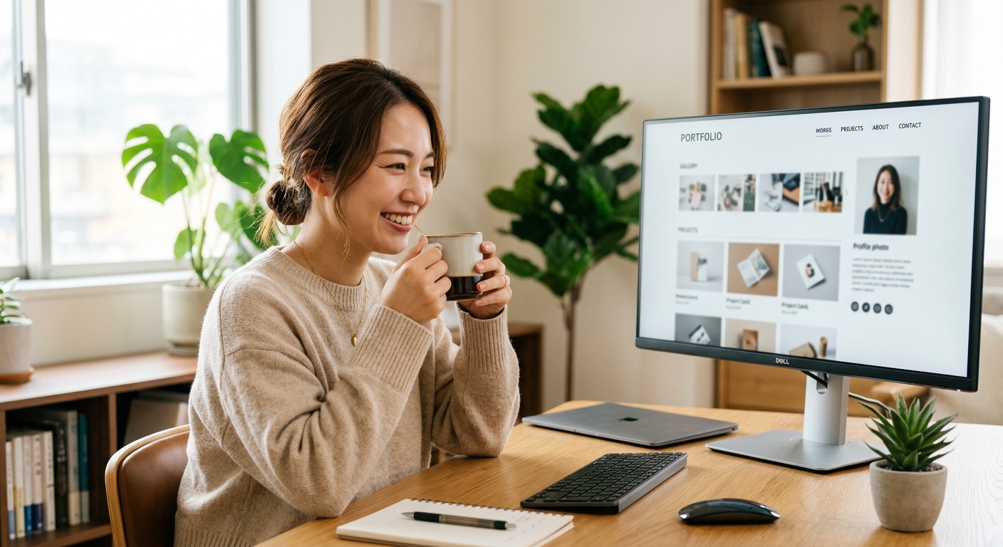 パソコンの画面にWebサイトのポートフォリオが表示され、その横で笑顔の女性がコーヒーを飲みながら満足げに眺めている様子を写実的に写した写真