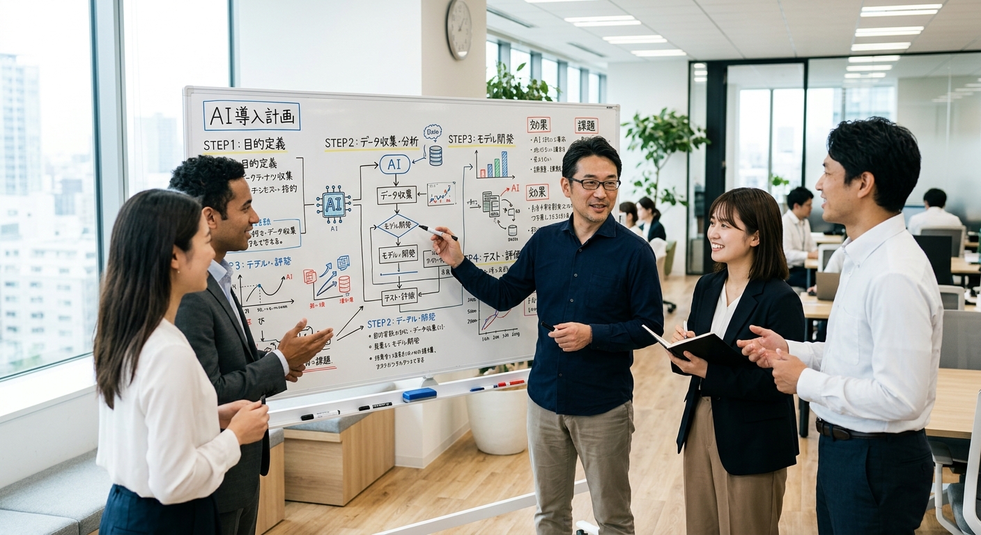 オフィスでチームがホワイトボードを囲み、AI導入計画について話し合っている様子を写実的に写した写真