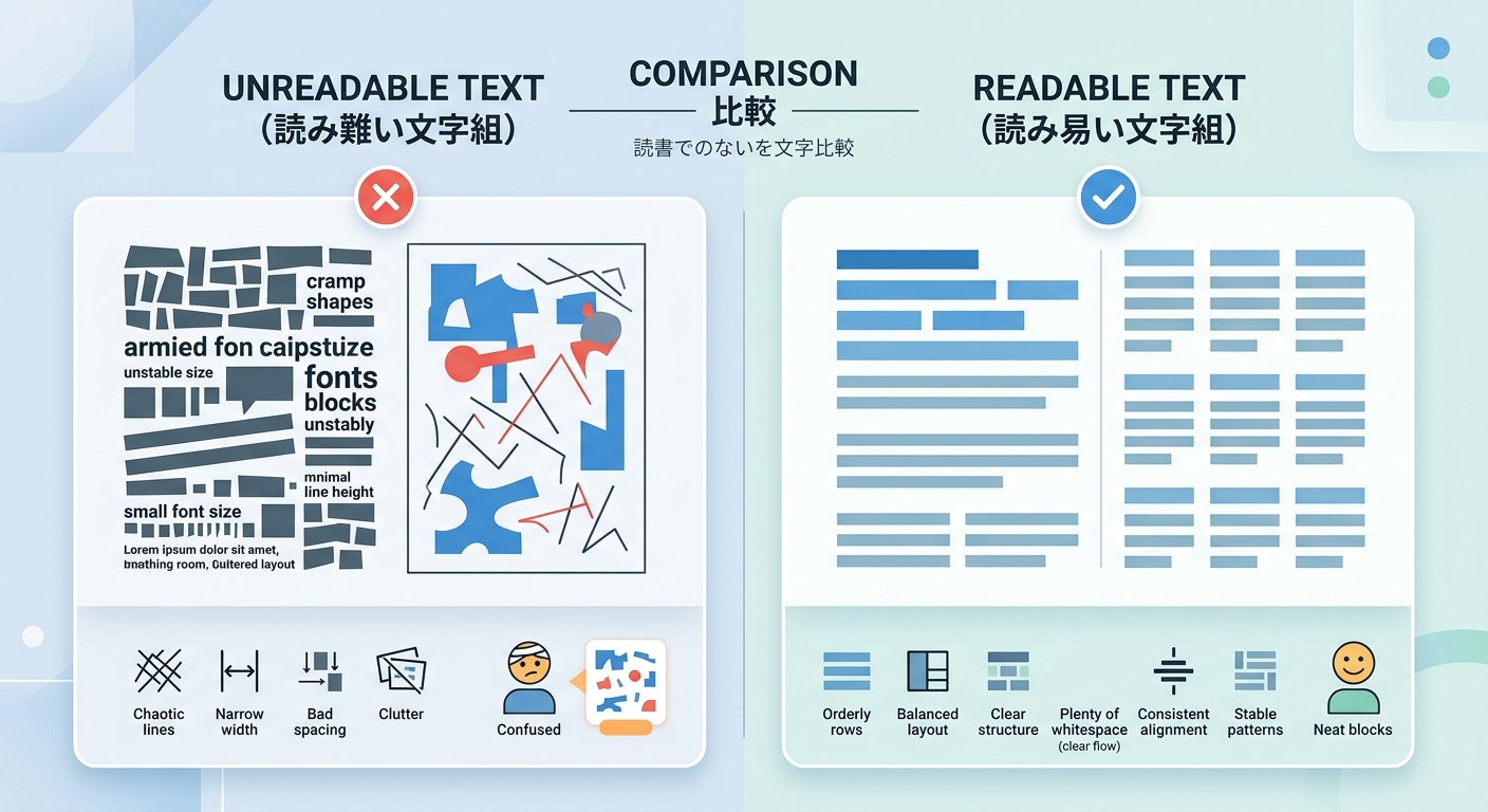 読みにくい文字組と読みやすい文字組を比較した図解