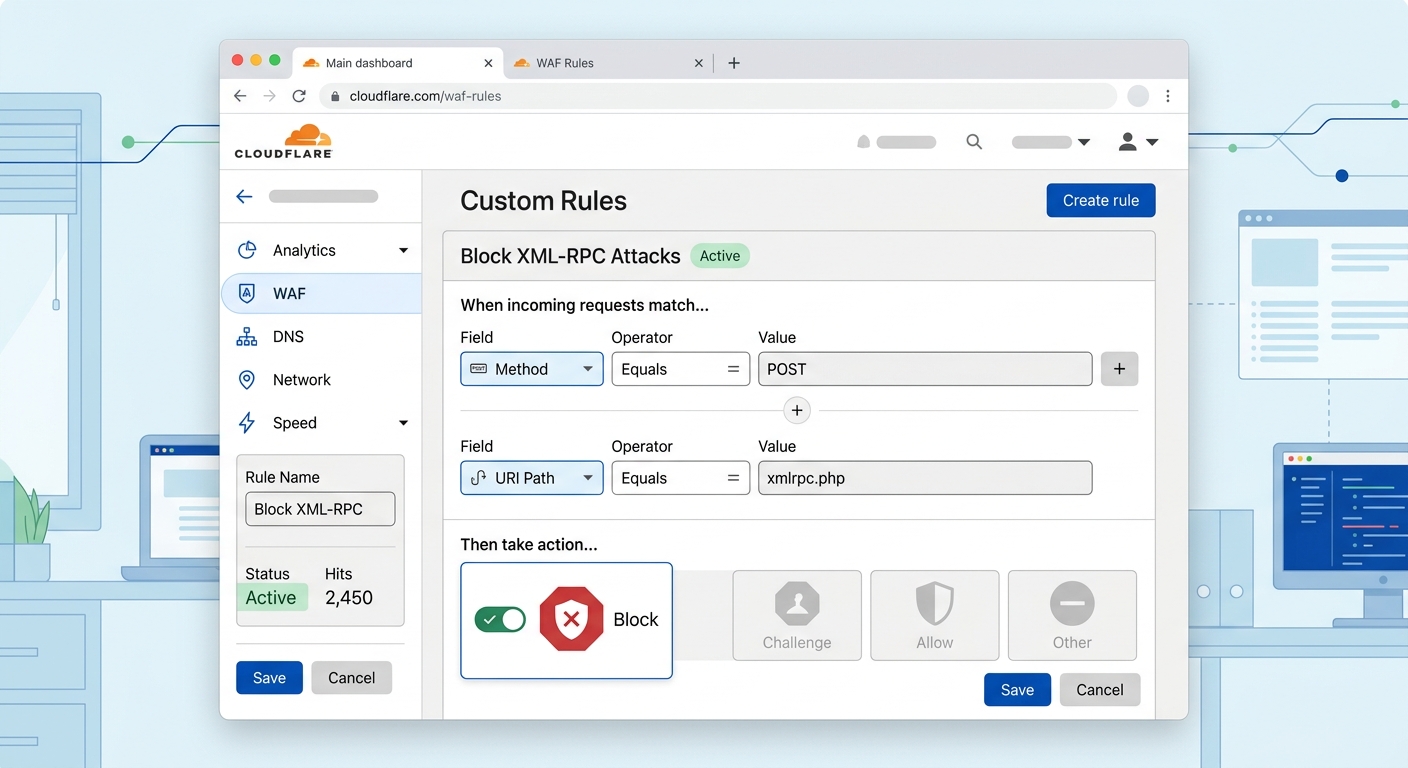 CloudflareのカスタムWAFルール設定画面で、XML-RPCブロックのルールが設定されている様子