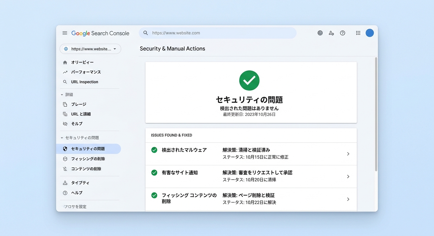 Google Search Consoleのセキュリティに関する項目で、問題が解決されたことを示す緑色のチェックマークが表示されている様子