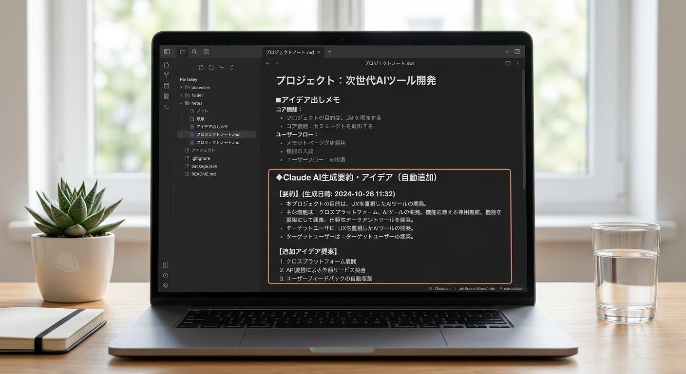 Obsidianのノート画面で、ClaudeのAIが生成した要約やアイデアが自動的に追加されている様子を写したスクリーンショット。