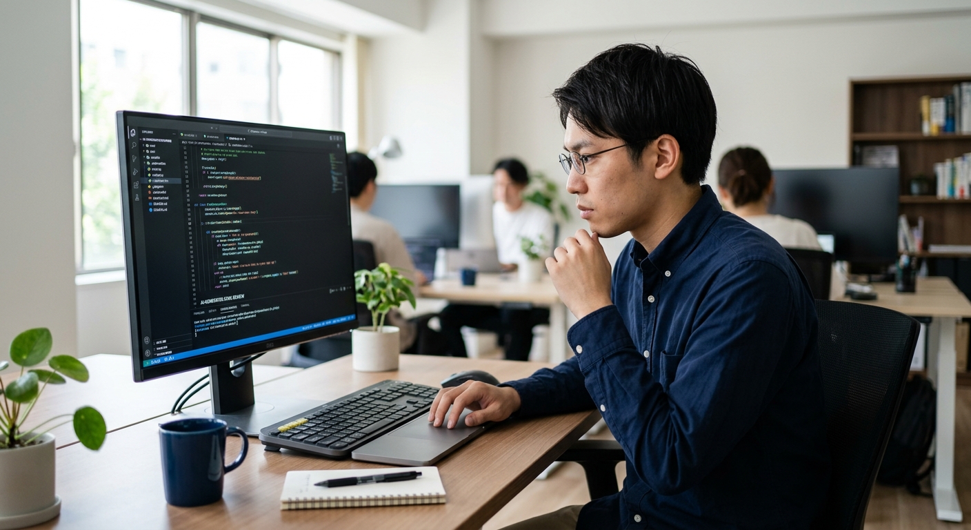 若手エンジニアがPC画面に向かい、AIが生成したコードを真剣な表情でレビューしている様子を写実的に写した写真