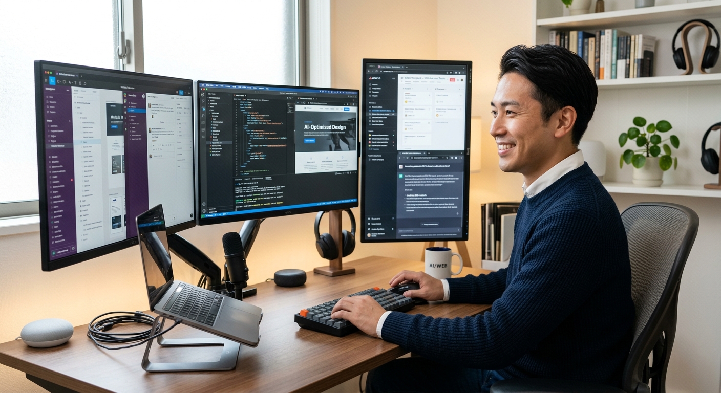 AIを活用して効率的にWeb制作業務を行うフリーランスの男性が、複数のモニターを見ながら笑顔で作業している様子を写実的に写した写真