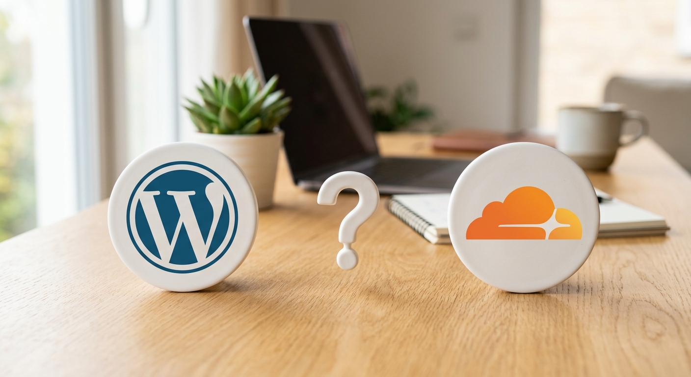 WordPressのロゴとCloudflareのロゴが対比的に配置され、間に疑問符が浮かんでいる様子を写実的に写した写真