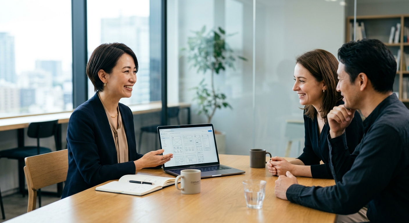 40代のWebデザイナーが、自信に満ちた笑顔でクライアントと打ち合わせをしている様子。