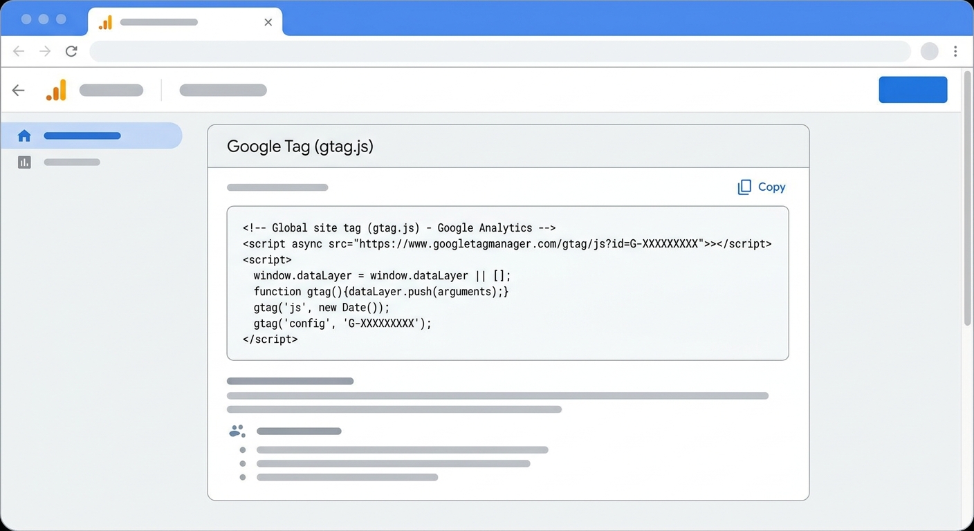 GA4のタグ設定手順画面で、Googleタグ(gtag.js)のコードが表示されているスクリーンショット