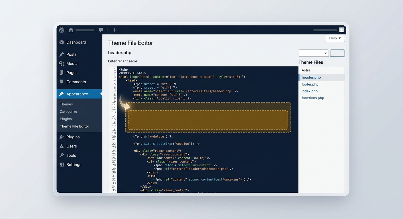 WordPressのテーマファイルエディターでheader.phpを開き、コードを貼り付ける場所を示したスクリーンショット
