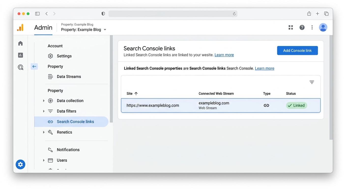GA4の管理画面で「Search Consoleのリンク」が選択されているスクリーンショット