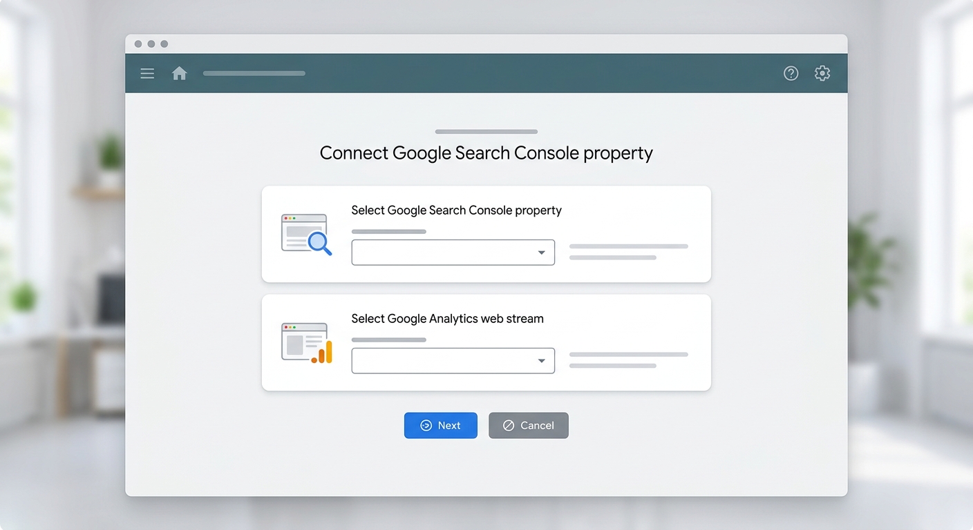 GA4のSearch Console連携設定画面で、GSCプロパティとGA4ウェブストリームを選択する画面のスクリーンショット