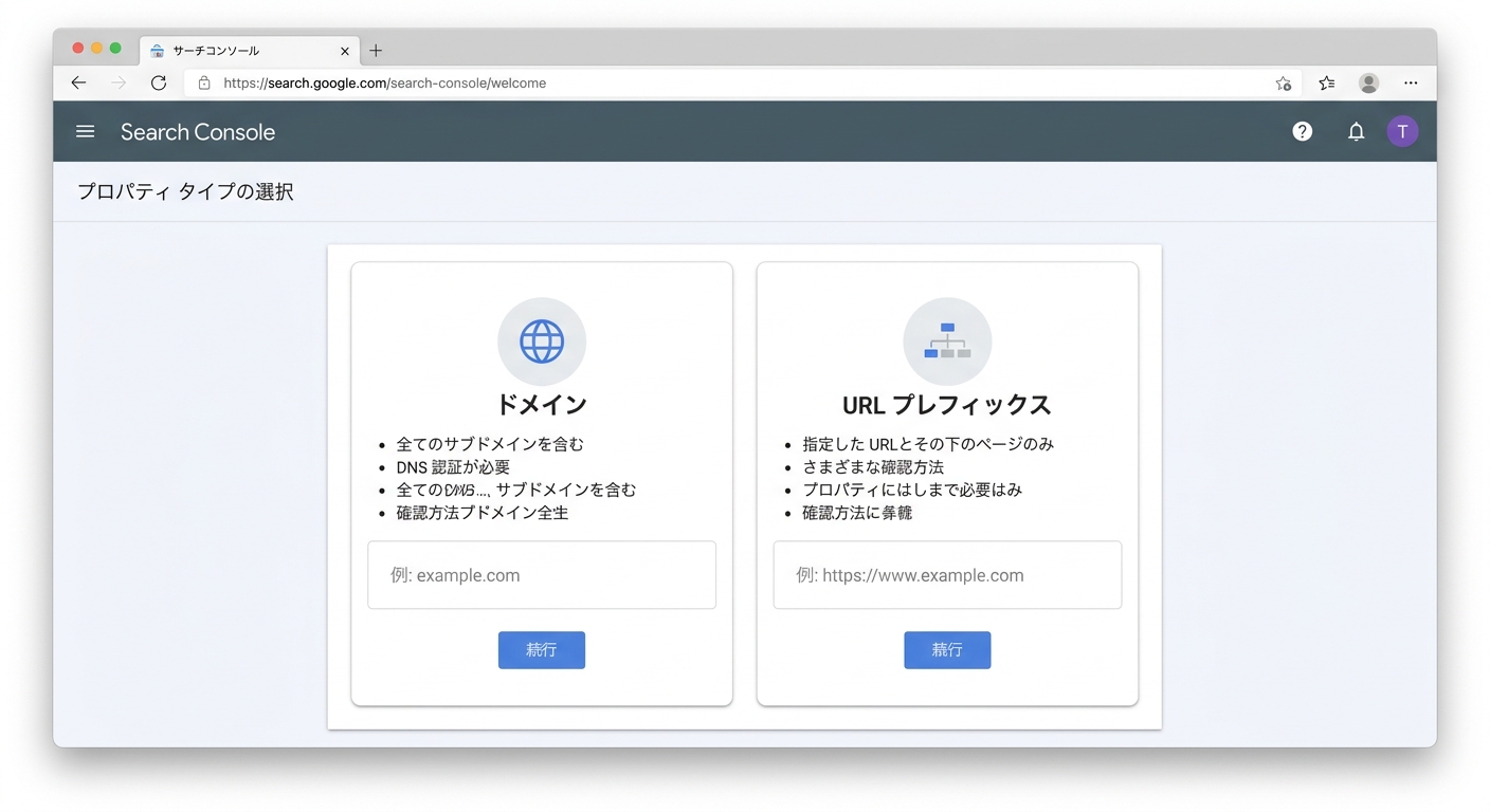 Google Search Consoleのプロパティタイプ選択画面で、ドメインとURLプレフィックスの入力欄がある画面のスクリーンショット