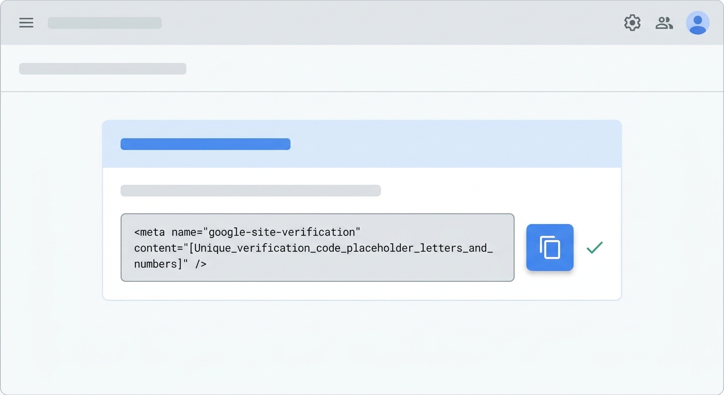 Google Search Consoleで表示されるHTMLタグのコードと、コピーボタンがある画面のスクリーンショット