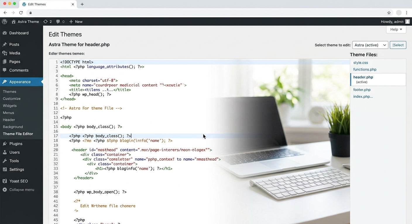 WordPressのテーマファイルエディターでheader.phpを開いている画面、またはYoast SEOなどのプラグインのウェブマスターツール設定画面のスクリーンショット