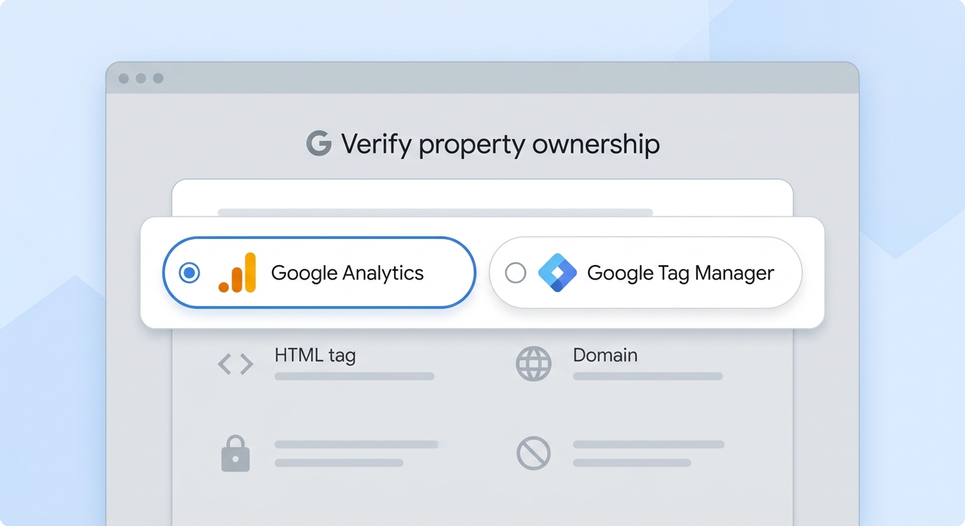 Google Search Consoleの所有権確認画面で、Google AnalyticsまたはGoogleタグマネージャーを選択している箇所のスクリーンショット