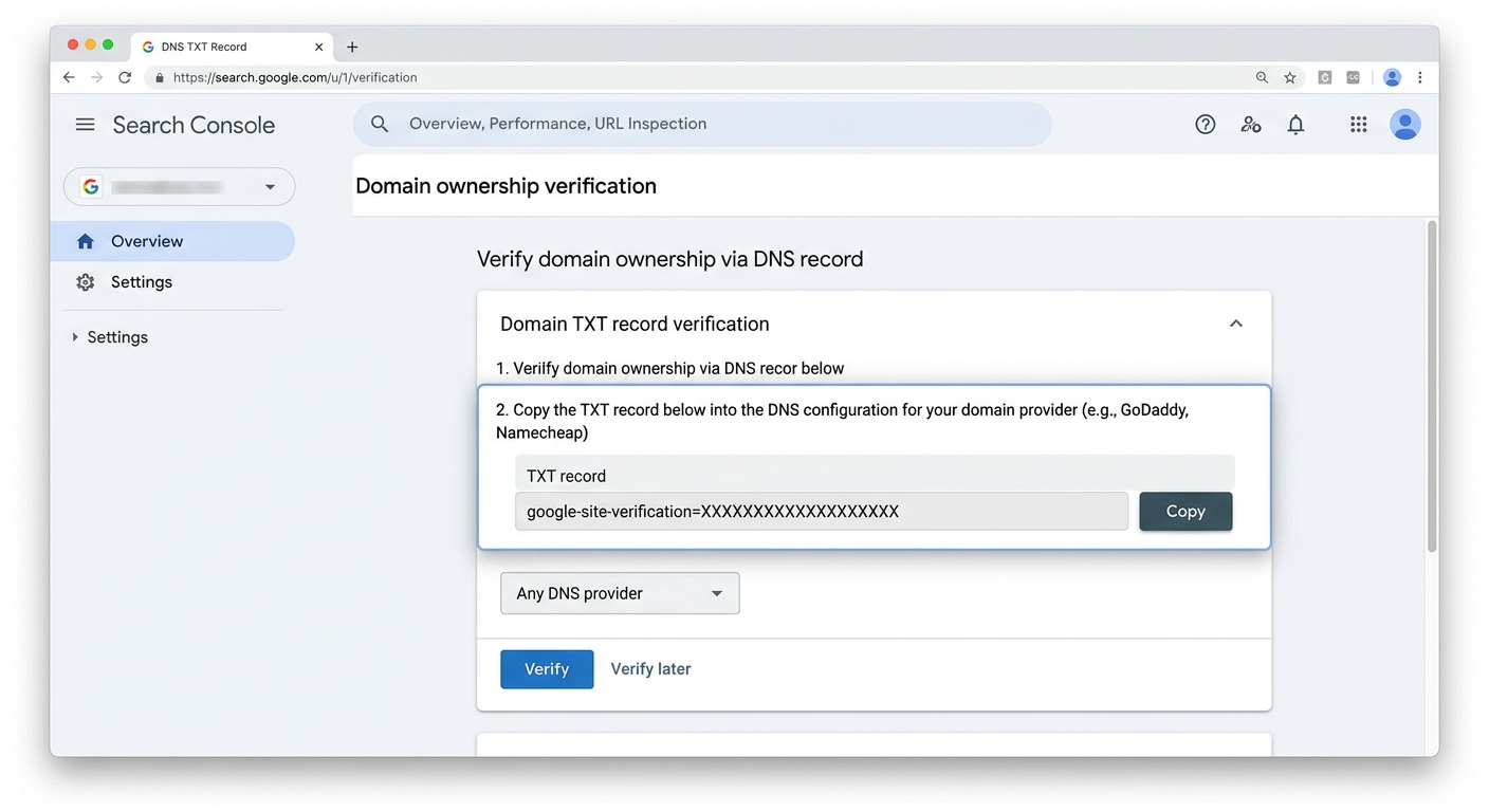 Google Search Consoleで表示されるDNSレコード(TXTレコード)の指定内容がある画面のスクリーンショット