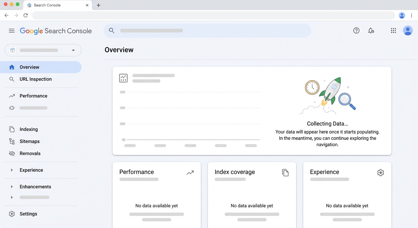 Google Search Console設定完了後のトップページ(データが表示される前の状態)のスクリーンショット