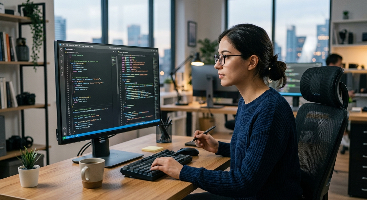 開発者がPC画面上でAIが生成したコードをレビューしている様子。背景には複雑なコードがスクロール表示されている。