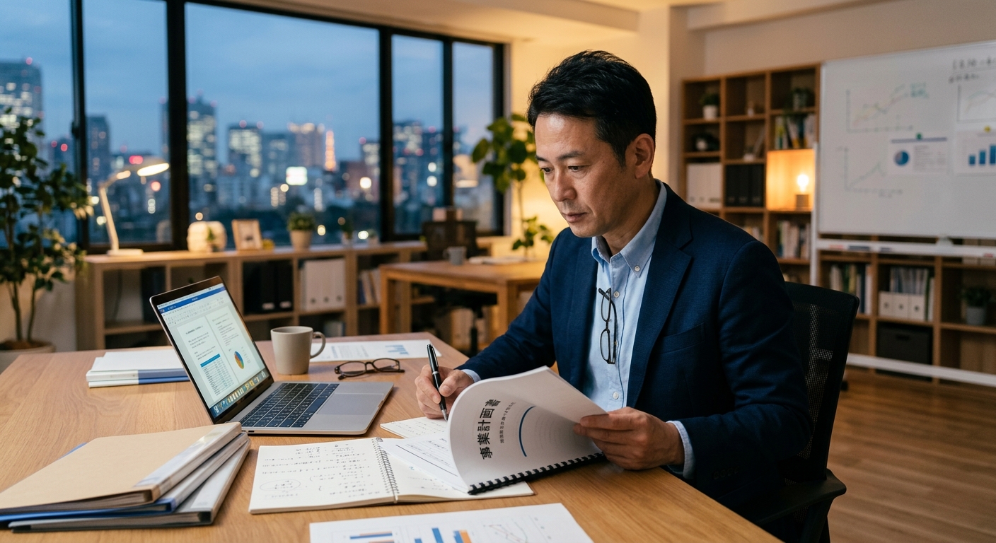 事業計画書を作成する中小企業経営者の様子を写実的に写した写真
